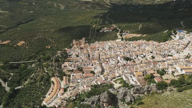 Aerial view of Zuheros village and olive groves Spain.