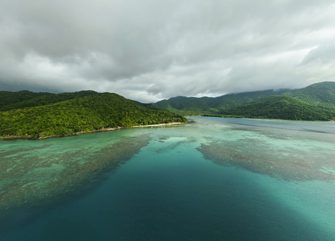 Aerial view of the vibrant turquoise sea meeting the lush green coastline under a dramatic sky Karimunjawa Central Java Indonesia.