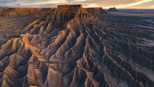 Aerial view of the eroded badlands and buttes of Caineville bathed in golden hour light showcasing intricate ridges and deep shadows in the desert of Caineville Utah United States.