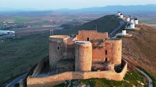 Aerial view of the Castle of Consuegra and windmills Spain.