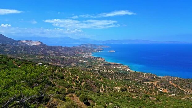 Aerial view of the rugged coastline of Crete Greece.