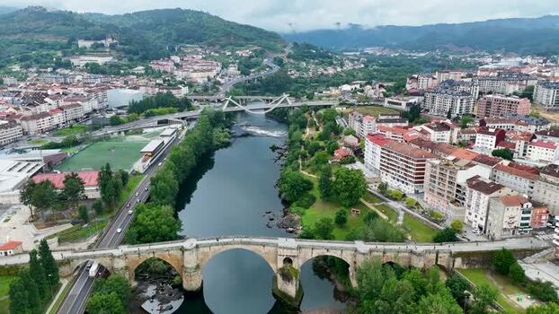 Aerial view of Ponte Vella de Ourense and Minho River Spain. Aerial view of Ponte Vella de Ourense and Minho River Spain.