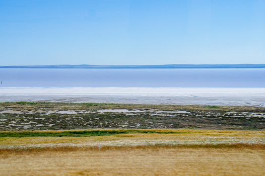 View of the expansive Lake Tuz salt flats under a clear blue sky with grassy vegetation in the foreground Ankara Ankara Turkiye. View of the expansive Lake Tuz salt flats under a clear blue sky with grassy vegetation in the foreground Ankara Ankara Turkiye.