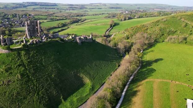 Aerial view of Corfe Castle ruins in Dorset United Kingdom.