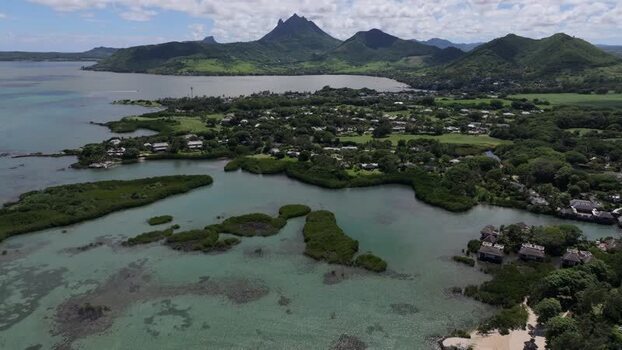 Aerial view of Ile aux Cerfs and coastal landscape Mauritius.