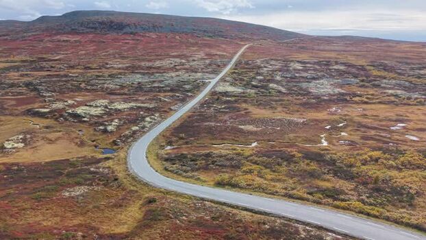 Aerial view of mountain road on Ringebufjellet Norway.