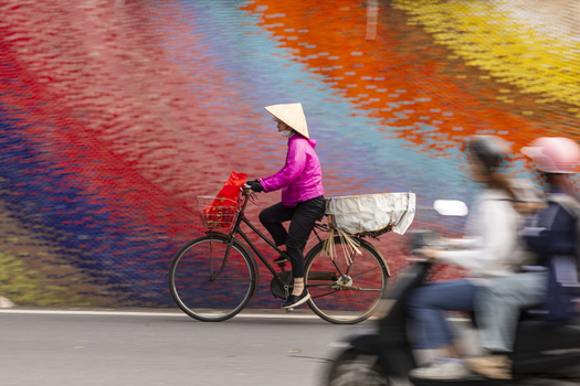 View of a woman wearing a traditional conical hat riding a bicycle past a vibrant colorful wall in Hanoi Ha Noi Vietnam.