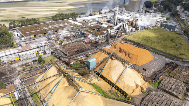 Aerial view of Biofabrica de Ence en Pontevedra with large wood chip piles industrial buildings and steam rising from chimneys Pontevedra Pontevedra Spain. Aerial view of Biofabrica de Ence en Pontevedra with large wood chip piles industrial buildings and steam rising from chimneys Pontevedra Pontevedra Spain.