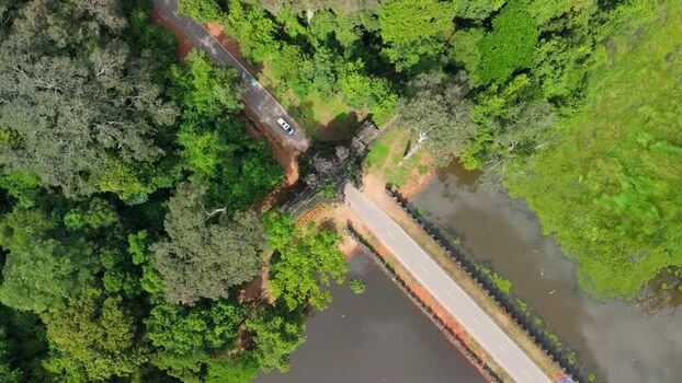Aerial view of ancient stone gate in Krong Siem Reap Cambodia. Aerial view of ancient stone gate in Krong Siem Reap Cambodia.