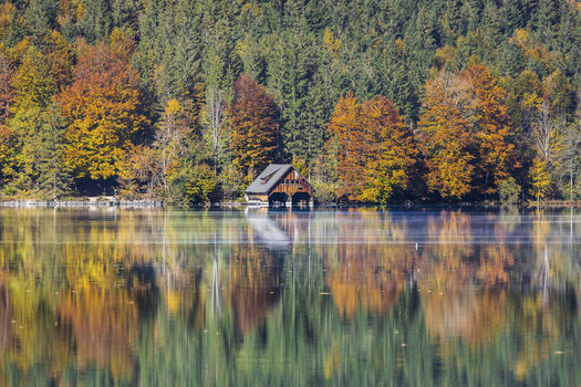 View of Offensee lake with a wooden boathouse and colorful autumn forest reflected in the calm water in Ebensee Upper Austria Austria. View of Offensee lake with a wooden boathouse and colorful autumn forest reflected in the calm water in Ebensee Upper Austria Austria.