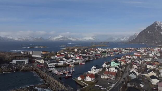 Aerial view of Lofoten coastal town Norway.