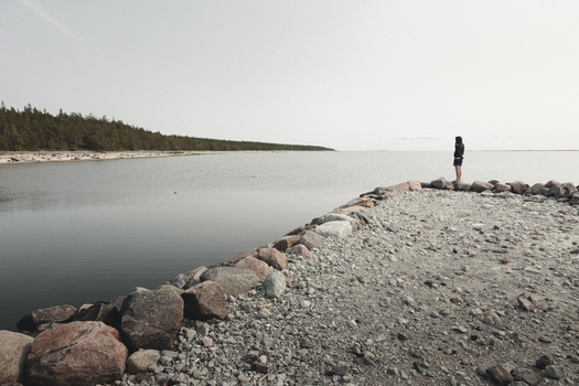 Saxby Estonia 01 June 2025 View of a person standing on the rocky Saxby rannik coastline looking out over the calm water with a distant forest line under a pale sky.