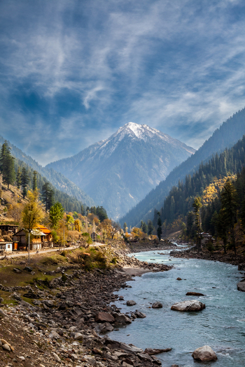 View of Neelum River flowing through a lush valley with traditional wooden houses and a snow capped mountain peak under a blue sky Arang Kel Azad Kashmir Pakistan. View of Neelum River flowing through a lush valley with traditional wooden houses and a snow capped mountain peak under a blue sky Arang Kel Azad Kashmir Pakistan.