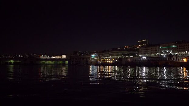 Aerial view of the illuminated waterfront of Algiers Algeria.