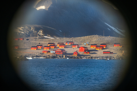 View of the red buildings of the research station at Esperanza Base Antarctica. View of the red buildings of the research station at Esperanza Base Antarctica.