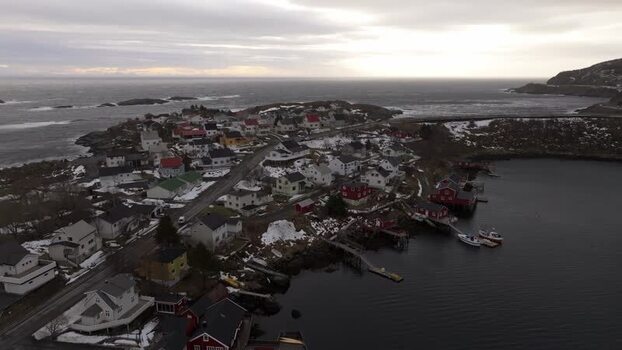 Aerial view of Lofoten coastal village in Norway.