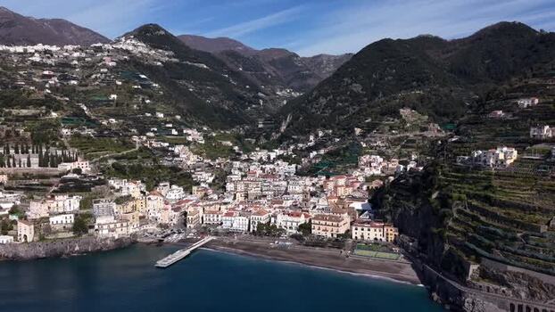 Aerial view of Minori town on the coast Italy.