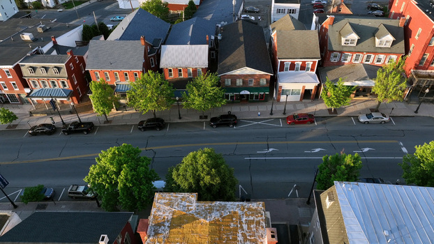 Aerial view of historic brick buildings and storefronts along the main street in Ephrata Pennsylvania United States. Aerial view of historic brick buildings and storefronts along the main street in Ephrata Pennsylvania United States.