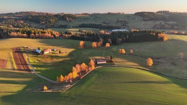 Aerial view of farmland and forests Slovakia.