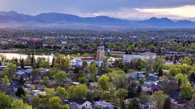 Aerial view of Denver skyline and mountains United States. Aerial view of Denver skyline and mountains United States.