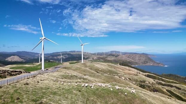 Aerial view of Makara Wind Farm turbines New Zealand. Aerial view of Makara Wind Farm turbines New Zealand.