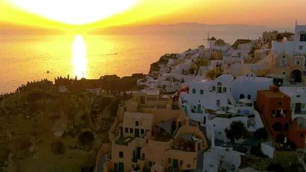 Aerial view of Oia at sunset Greece. Aerial view of Oia at sunset Greece.