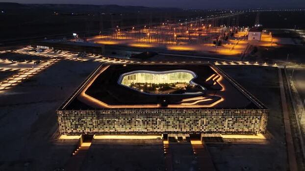 Aerial view of Karapinar Solar Power Plant at night Turkiye.
