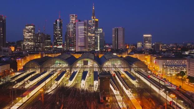 Aerial view of Hauptbahnhof and the city skyline at night Germany.