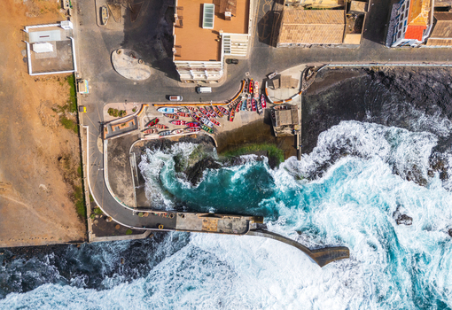 Aerial view of Santo Antao coastline in Ponta do Sol Ribeira Grande Cabo Verde.
