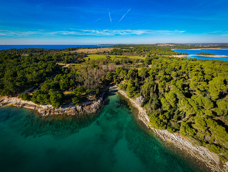 Aerial view of the vibrant turquoise waters meeting the lush green forests a stunning contrast under the clear blue sky Kamenjak Istria County Croatia. Aerial view of the vibrant turquoise waters meeting the lush green forests a stunning contrast under the clear blue sky Kamenjak Istria County Croatia.