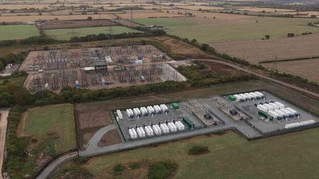 Aerial view of Clay Tye Tesla Megapack installation United Kingdom.