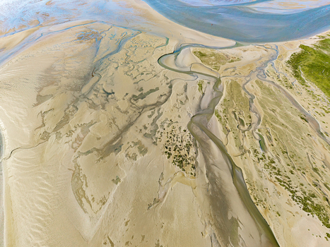 Aerial view of the Baie de Somme featuring intricate tidal channels vast sandbanks and coastal wetlands in Saint Valery sur Somme Hauts de France France. Aerial view of the Baie de Somme featuring intricate tidal channels vast sandbanks and coastal wetlands in Saint Valery sur Somme Hauts de France France.