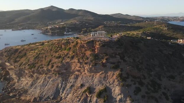 Aerial view of the Temple of Poseidon at Cape Sounion Greece.