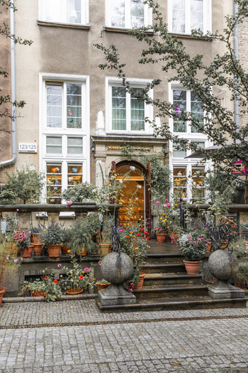 Gdansk Poland 05 September 2026 View of a historic building entrance adorned with numerous potted plants and flowers on a cobblestone street. Gdansk Poland 05 September 2026 View of a historic building entrance adorned with numerous potted plants and flowers on a cobblestone street.