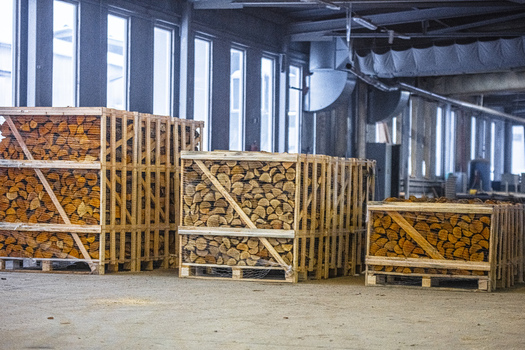 View of wooden crates filled with chopped firewood stacked inside a spacious industrial warehouse with large windows in Latvia. View of wooden crates filled with chopped firewood stacked inside a spacious industrial warehouse with large windows in Latvia.