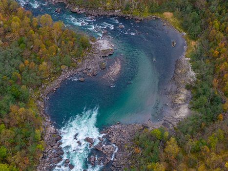 Aerial view of the Rauma River featuring turquoise rapids rocky riverbanks and vibrant autumn foliage in the surrounding forest in Andalsnes More og Romsdal Norway.