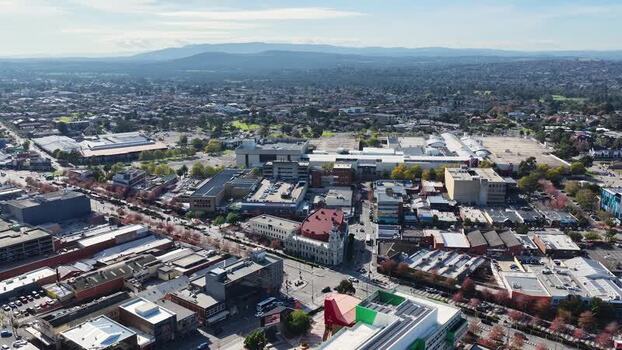 Aerial view of Dandenong Town Hall and urban landscape Australia.