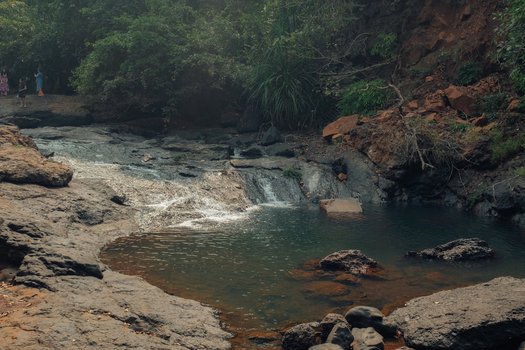 View of cascading waters flow over rocks into a tranquil pool framed by lush greenery and warm earth tones creating a serene scene Chiplun Maharashtra India.