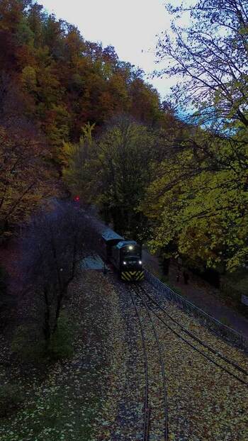 Aerial view of train in autumn forest in Miskolc Hungary. Aerial view of train in autumn forest in Miskolc Hungary.