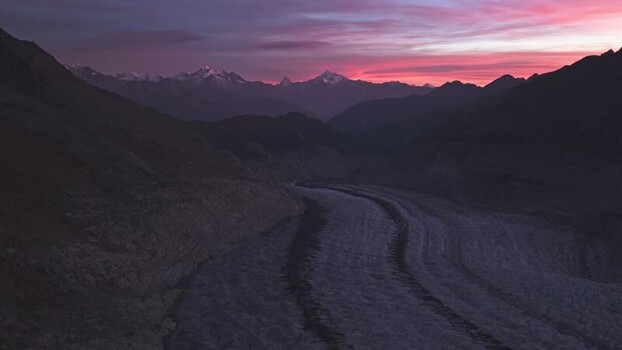 Aerial view of Aletsch Glacier in Fieschertal Switzerland.