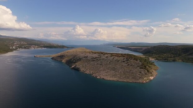 Aerial view of the coastal landscape near Krk Bridge Croatia.