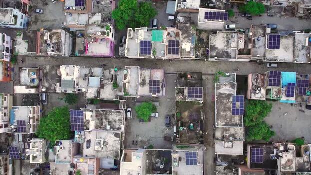 Aerial view of solar panels on rooftops in Lucknow India.
