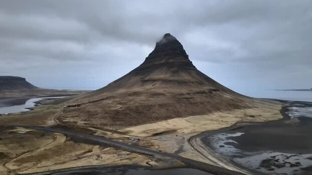 Aerial view of Kirkjufell mountain Iceland.