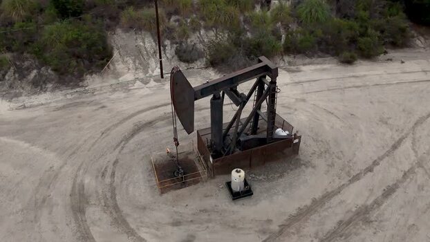 Aerial view of oil pump jack in Baldwin Hills United States.