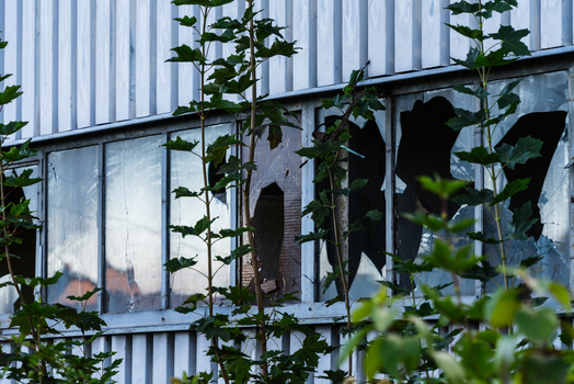 View of an abandoned industrial building with broken glass windows and overgrown green foliage in Poland.