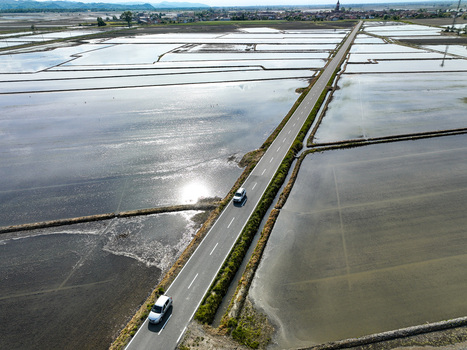 Aerial view of flooded rice paddy fields reflecting the sun with a straight road and cars leading towards the horizon in Trino Piedmont Italy.