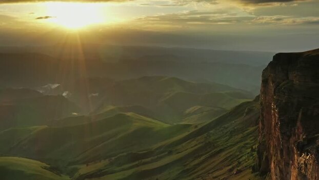 Aerial view of Bermamyt plateau at sunset Russia.