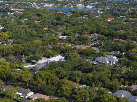 Aerial view of luxurious residential houses nestled among dense green trees and swimming pools near the waterfront Coral Gables Florida United States.