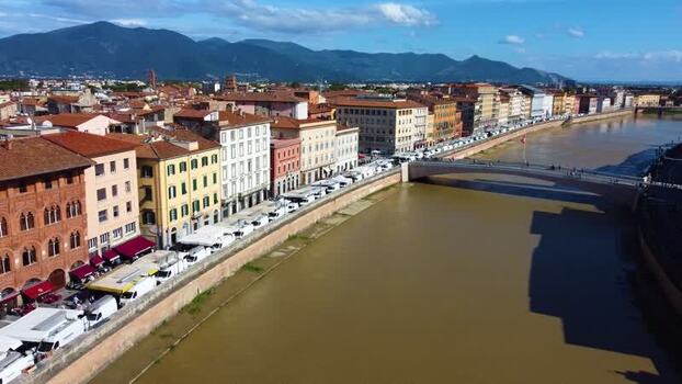 Aerial view of Arno river in Pisa Italy.