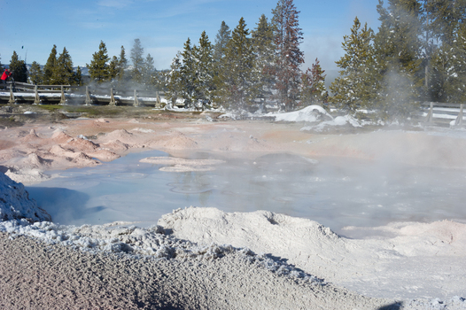 View of a steaming geothermal pool surrounded by snow covered ground and pine trees with a wooden boardwalk in the background at Yellowstone National Park United States.
